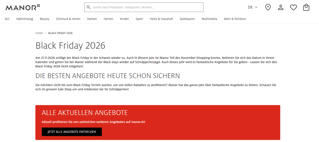 Black Friday 2026 Seite von Manor - im Februar 2026